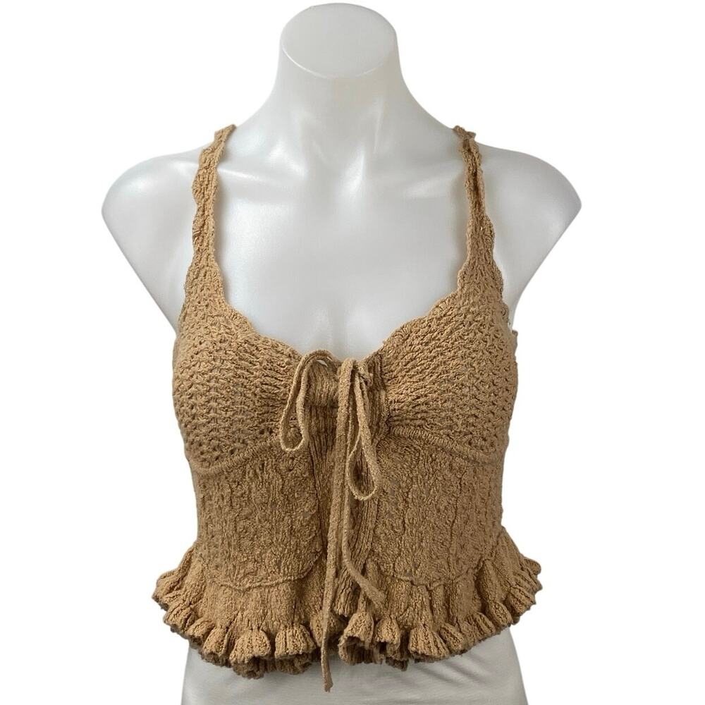 Majorelle Taissa Women's Brown Sleeveless Cami Ruffle Crochet Corset Crop Top S